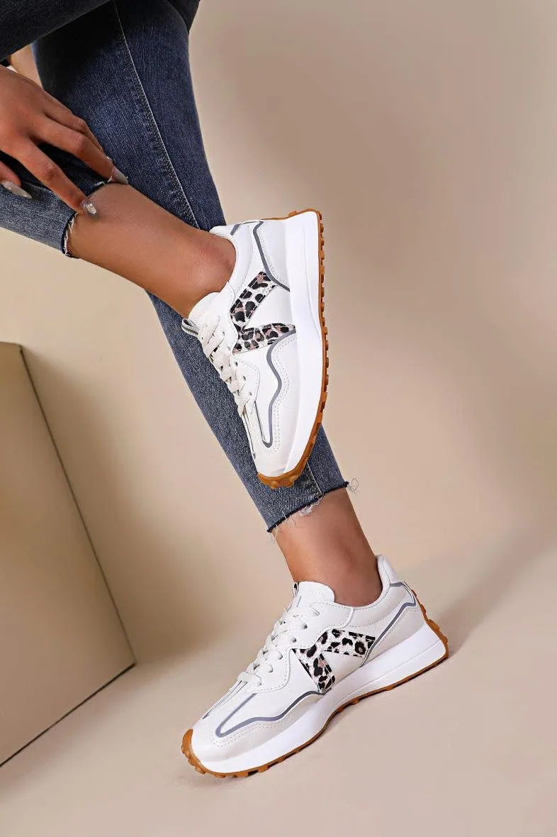 Cora White With Leopard PU Chunky Trainers sold by Vavavoom