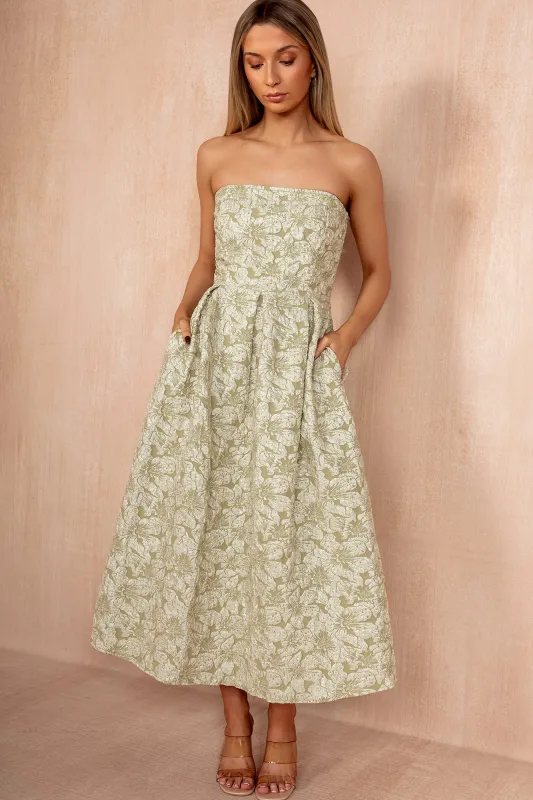 Fiadh Sage Floral Jacquard Bandeau Midi Dress made by AX Paris