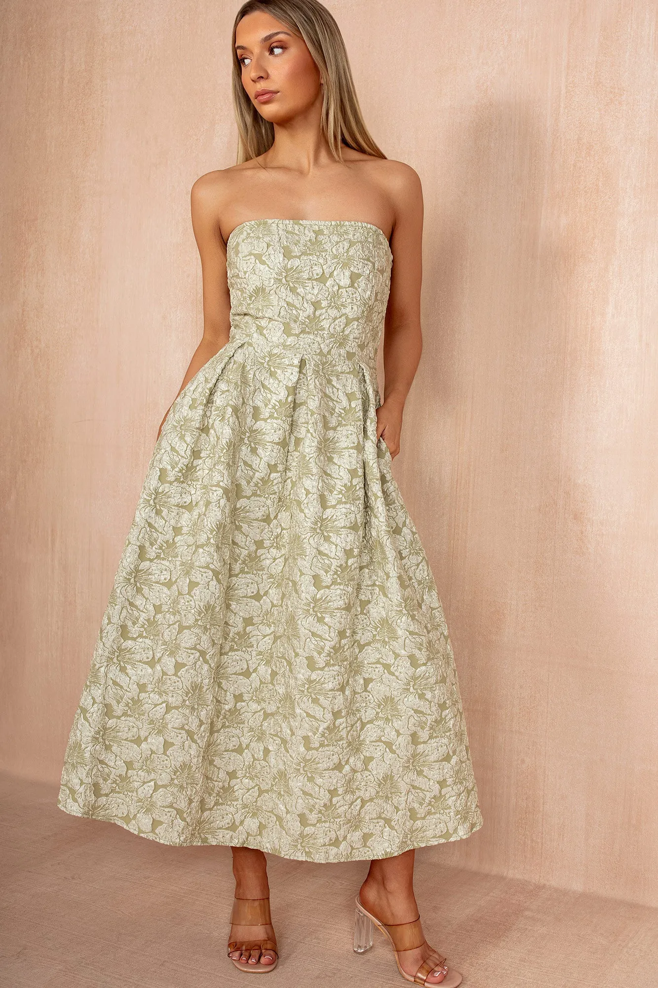 Fiadh Sage Floral Jacquard Bandeau Midi Dress sold by Vavavoom product image thumbnail 3