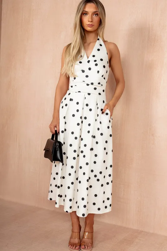 Dakota Cream Polka Dot Halter Neck Midi Dress sold by Vavavoom