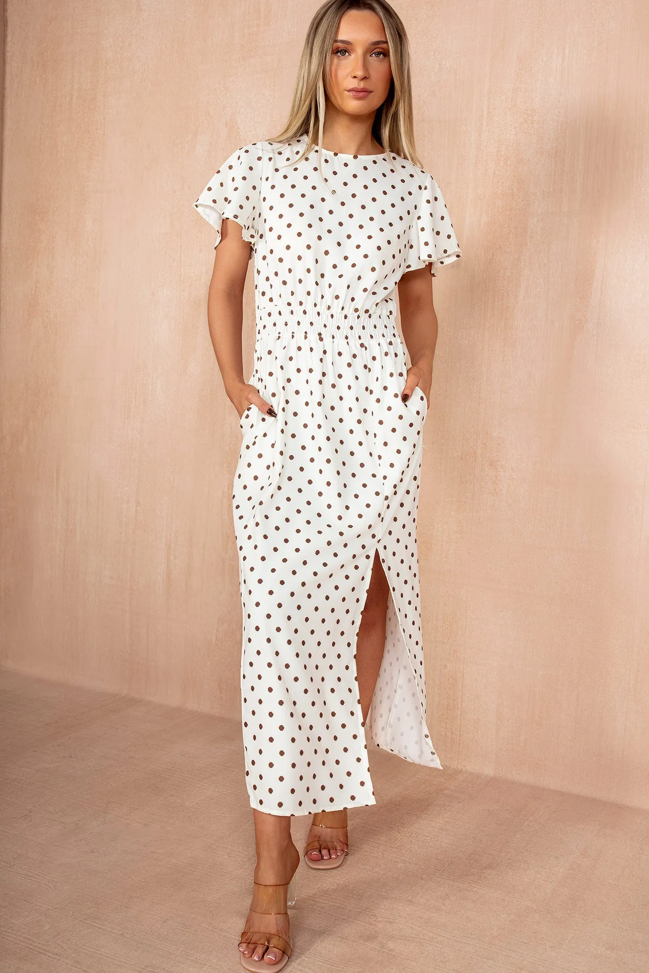 Sophia Cream Polka Dot Flutter Sleeve Midi Dress sold by Vavavoom product image thumbnail 3