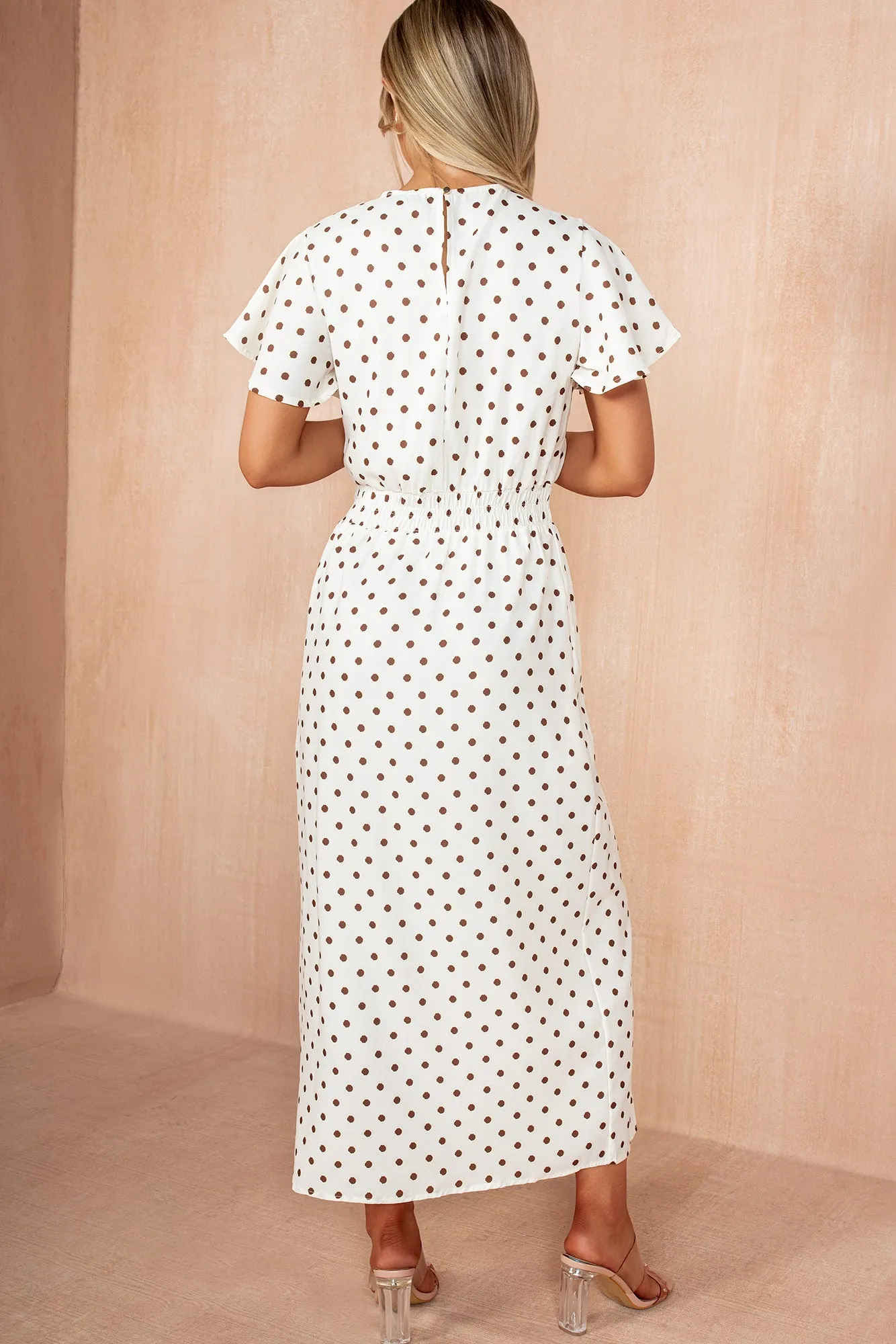 Sophia Cream Polka Dot Flutter Sleeve Midi Dress sold by Vavavoom product image thumbnail 4