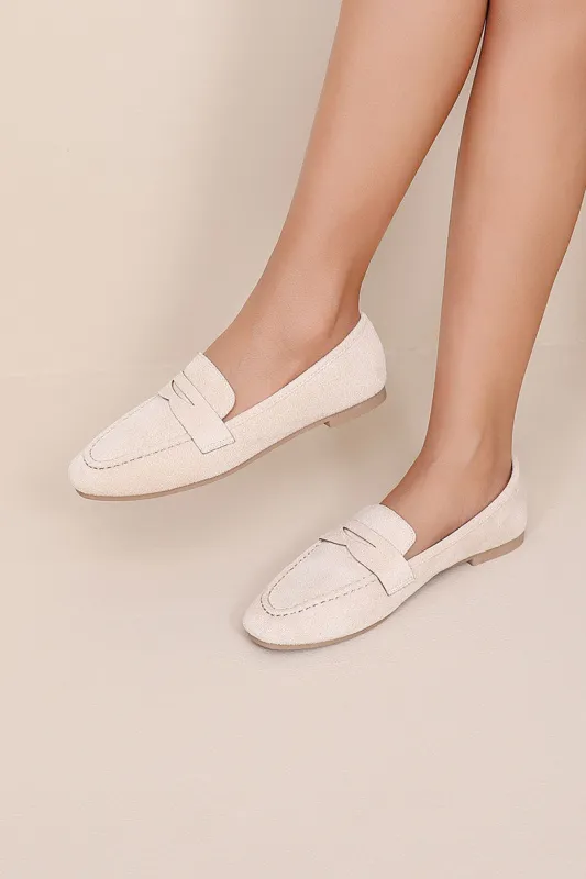Kallie Cream Suedette Loafers sold by Vavavoom