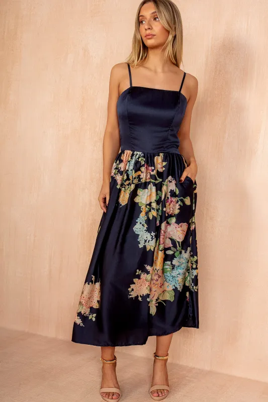 Goldie Navy Floral Strappy Midi Dress made by AX Paris