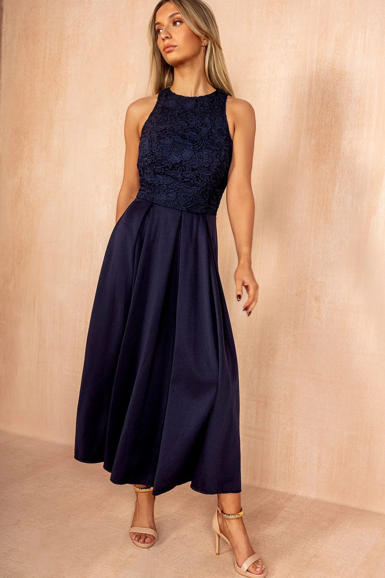 Lilah Navy Embroidered Top Midi Dress sold by Vavavoom