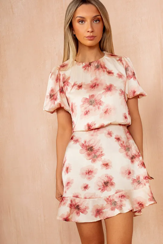 Zara Blush Floral Puff Sleeve Mini Dress sold by Vavavoom