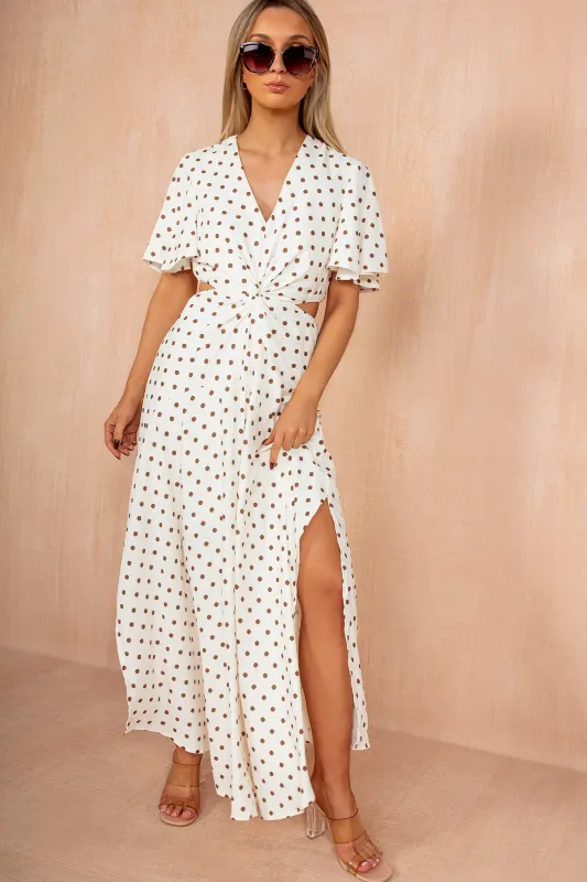 Noah Cream Polka Dot Cut Out Midi Dress sold by Vavavoom