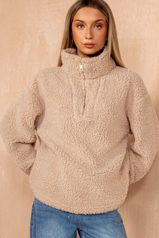 Abbey Oatmeal Quarter Zip Teddy Sweatshirt sold by Vavavoom