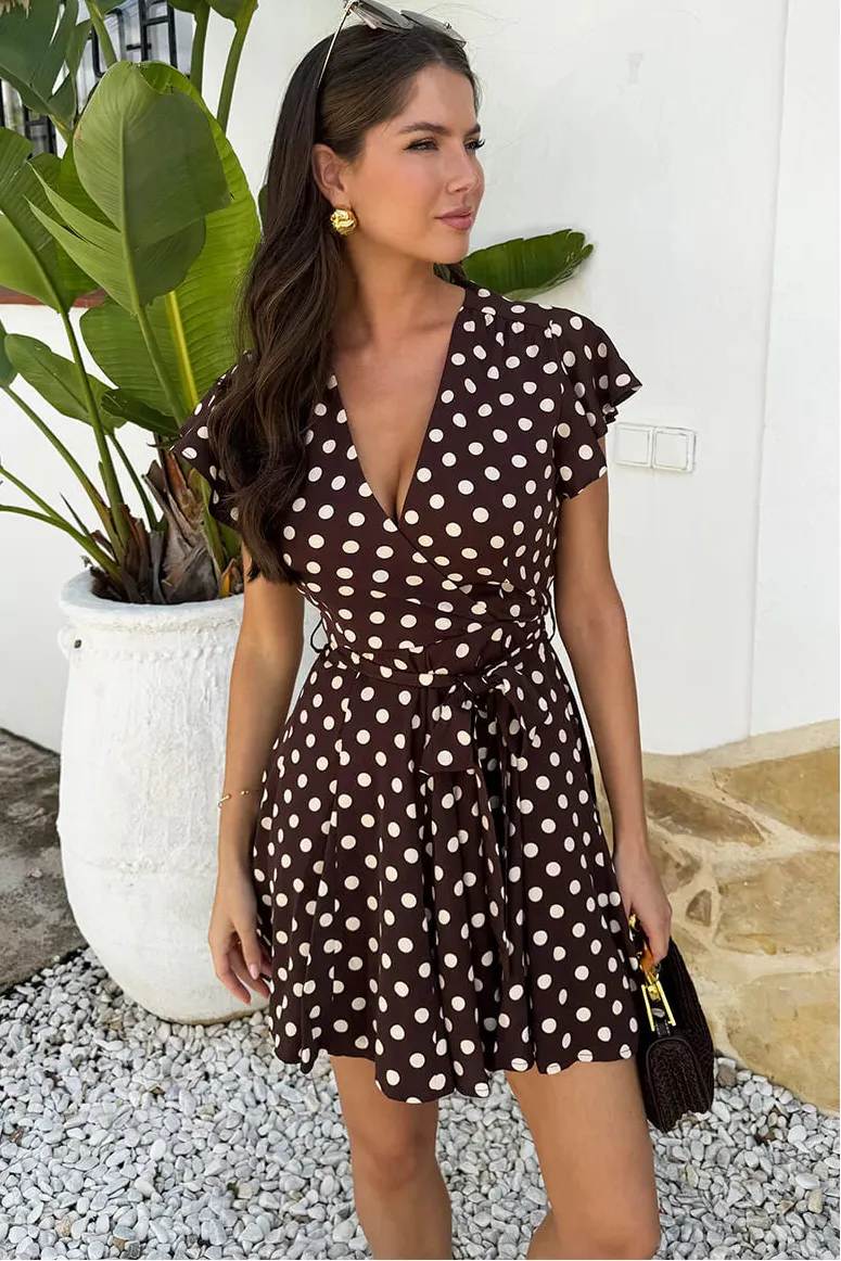 Gia Chocolate Polka Dot Print Wrap Top Mini Dress sold by Vavavoom