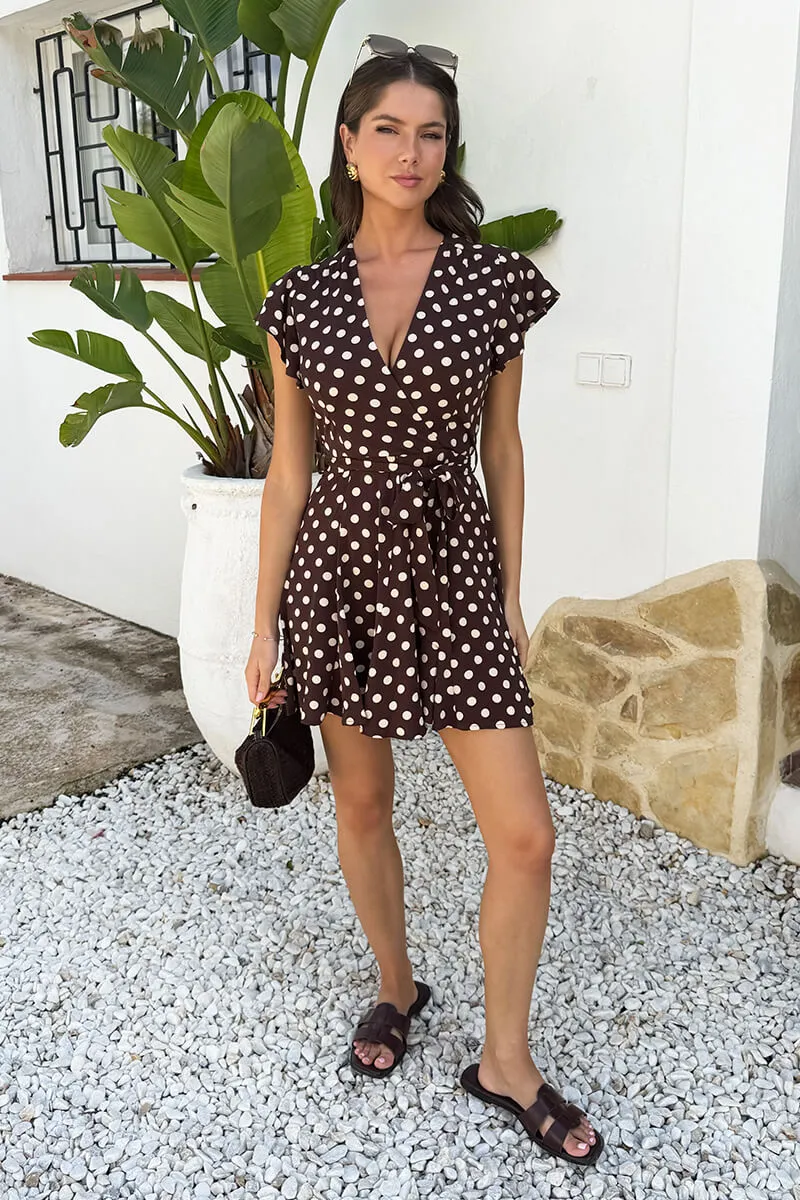 Gia Chocolate Polka Dot Print Wrap Top Mini Dress sold by Vavavoom product image thumbnail 2