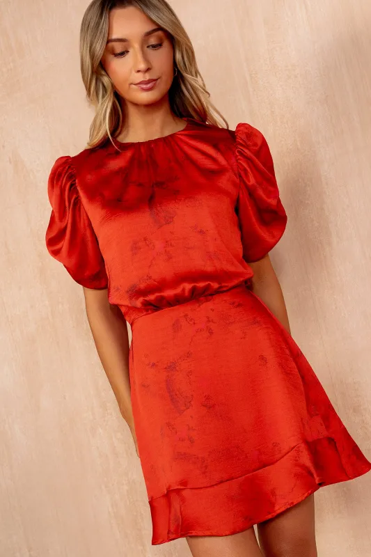 Uma Red Satin Smudge Print Mini Dress sold by Vavavoom