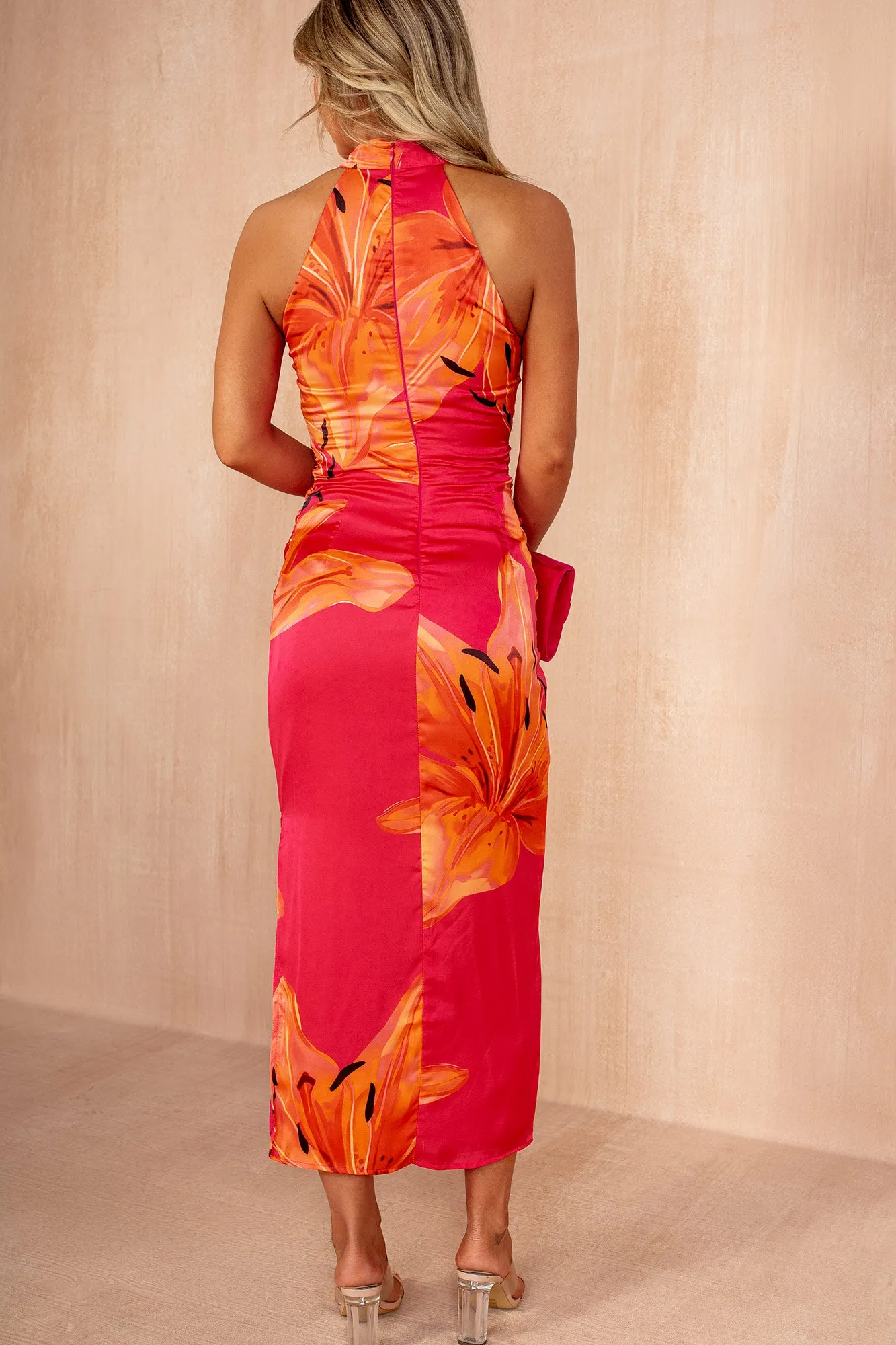 Beth Pink and Orange Satin Floral Halter Neck Dress sold by Vavavoom product image thumbnail 4