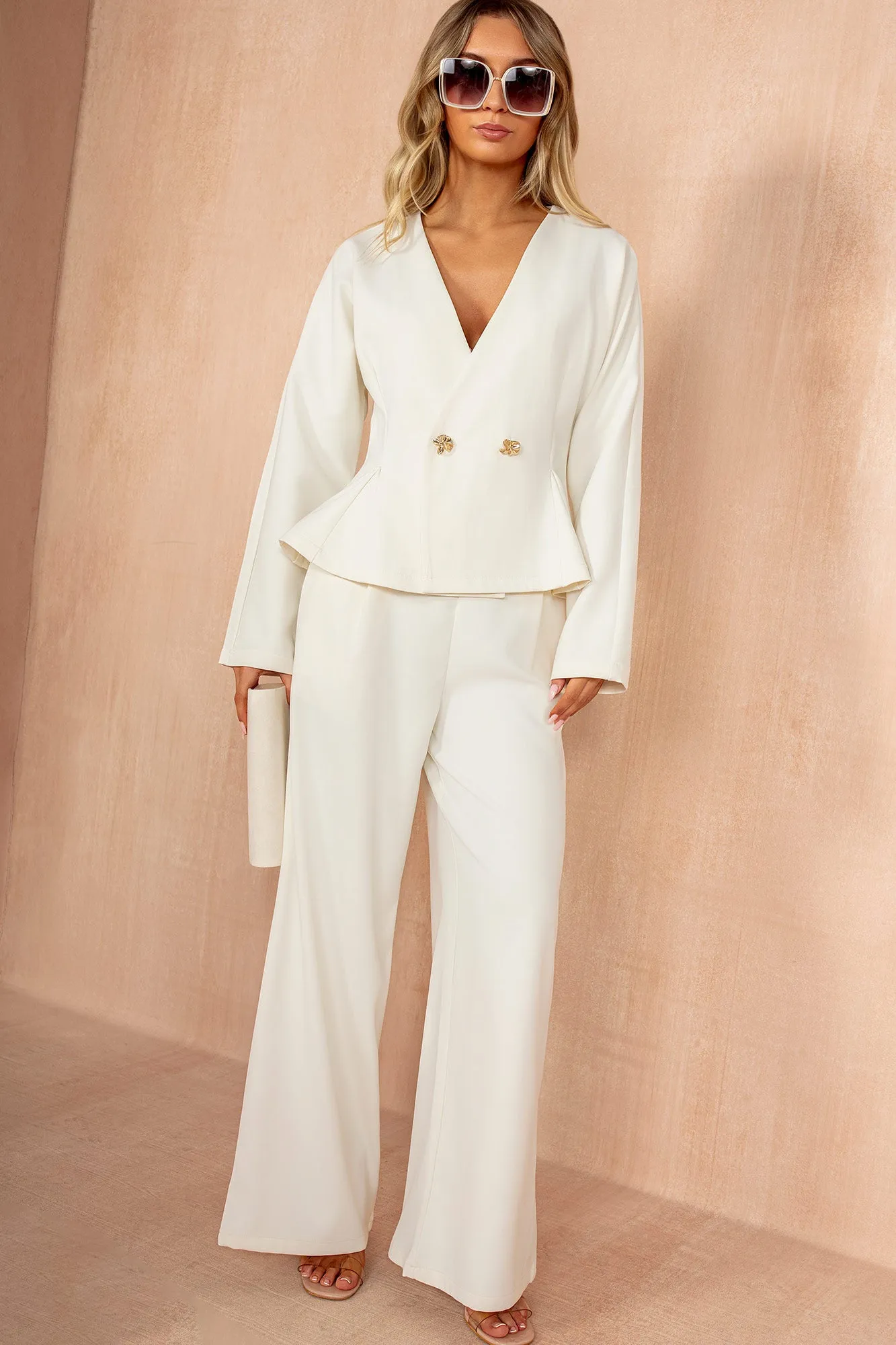 Luisa Cream Wide Leg Trousers sold by Vavavoom