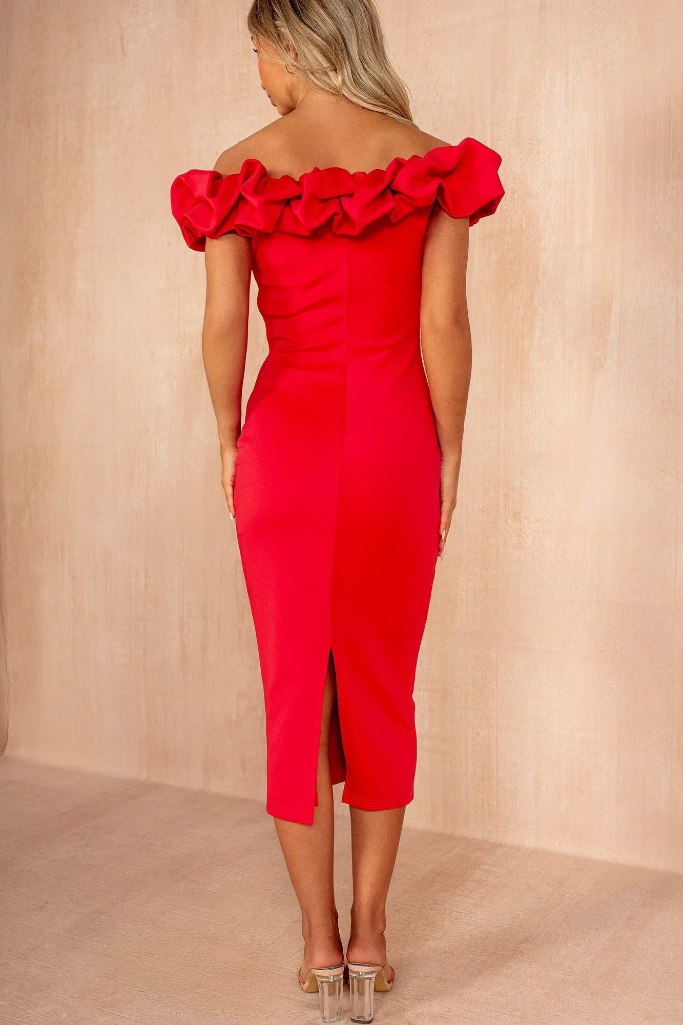 Ophelia Raspberry Ruffle Bardot Midi Dress sold by Vavavoom product image thumbnail 2