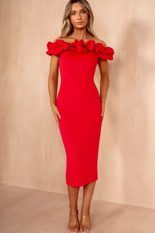 Ophelia Raspberry Ruffle Bardot Midi Dress sold by Vavavoom