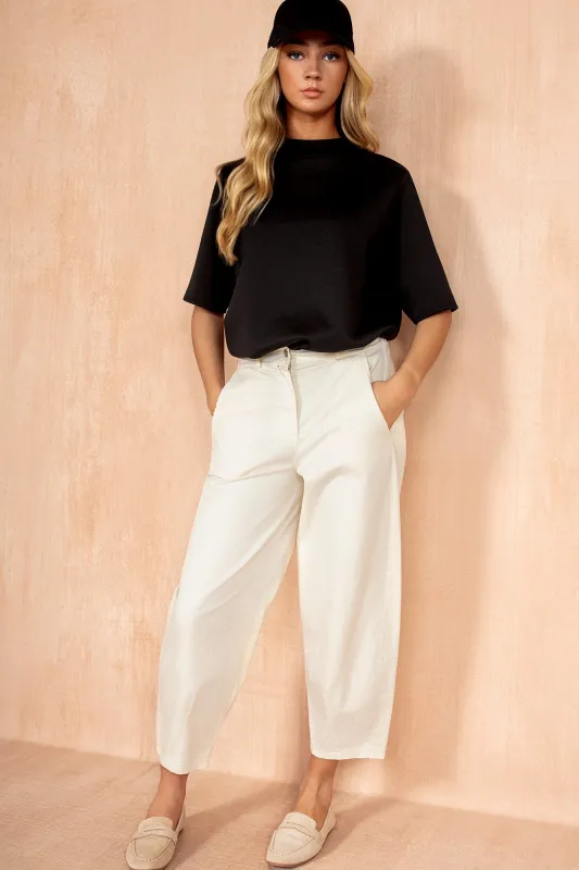 Roisin Cream Cotton Barrel Trousers sold by Vavavoom