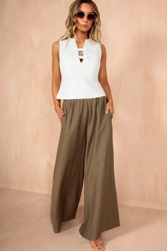 Julieta Khaki Palazzo Trousers sold by Vavavoom