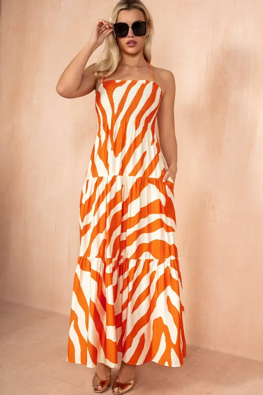 Neve Orange Printed Halterneck Tiered Maxi Dress made by AX Paris