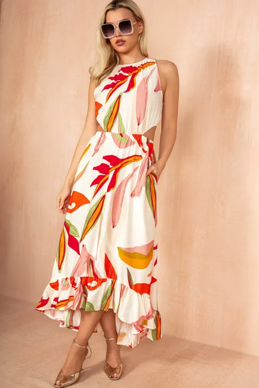 Quilla Leaf Print Cut Out Midi Dress made by AX Paris