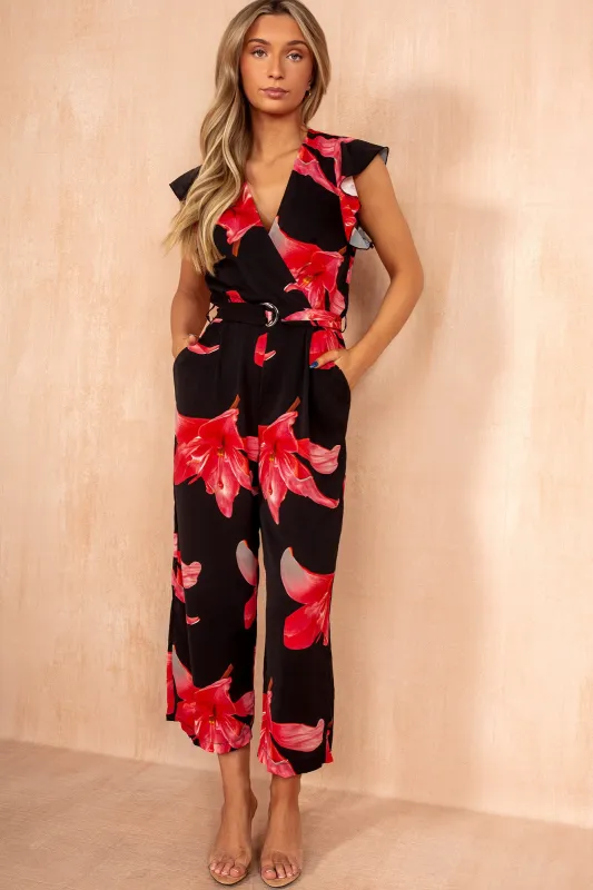 Geraldine Black Floral Wrap Jumpsuit made by AX Paris