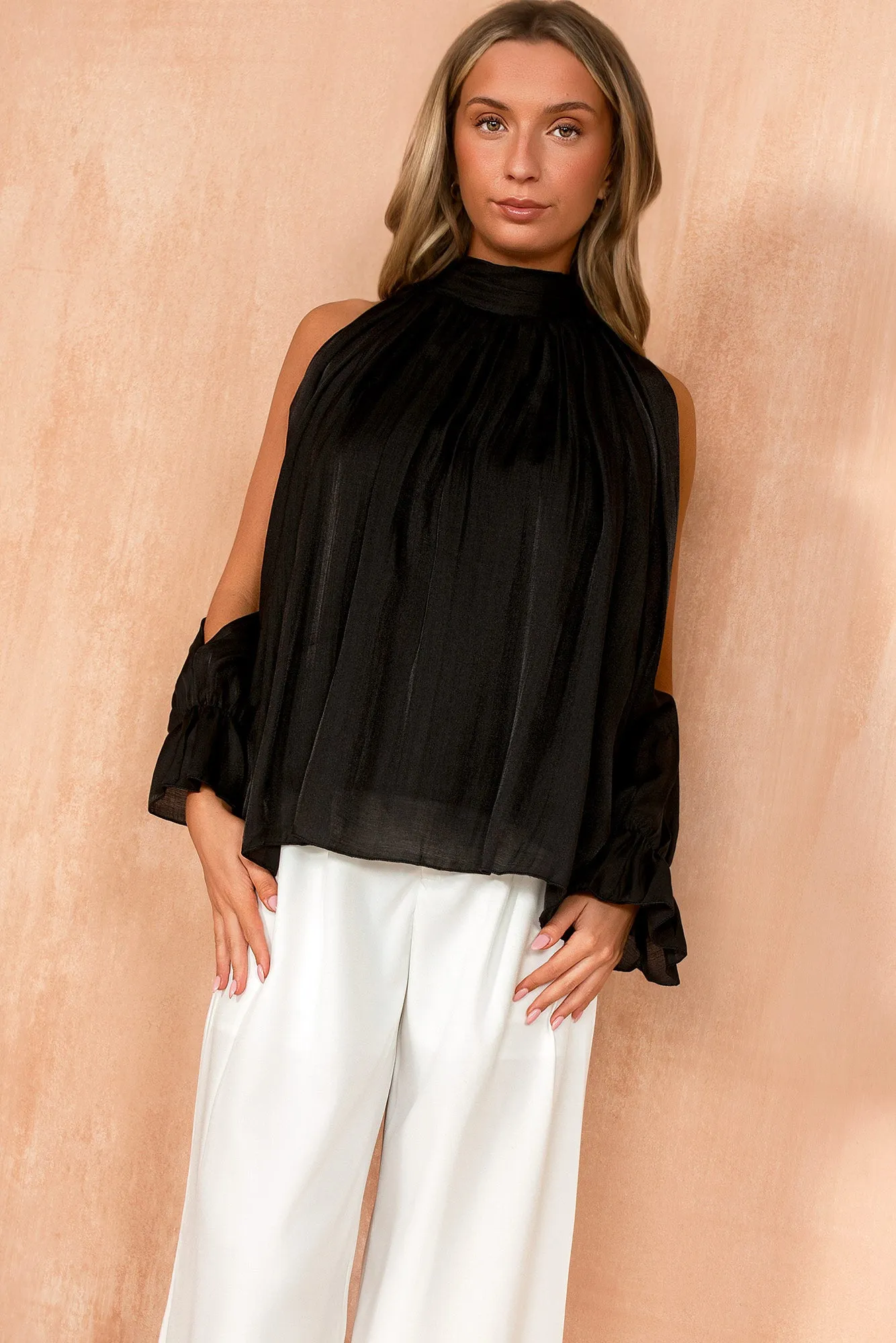 Abbey Black Cold shoulder Blouse sold by Vavavoom
