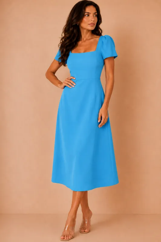 Valentina Blue Square Neck Midi Dress made by Vavavoom