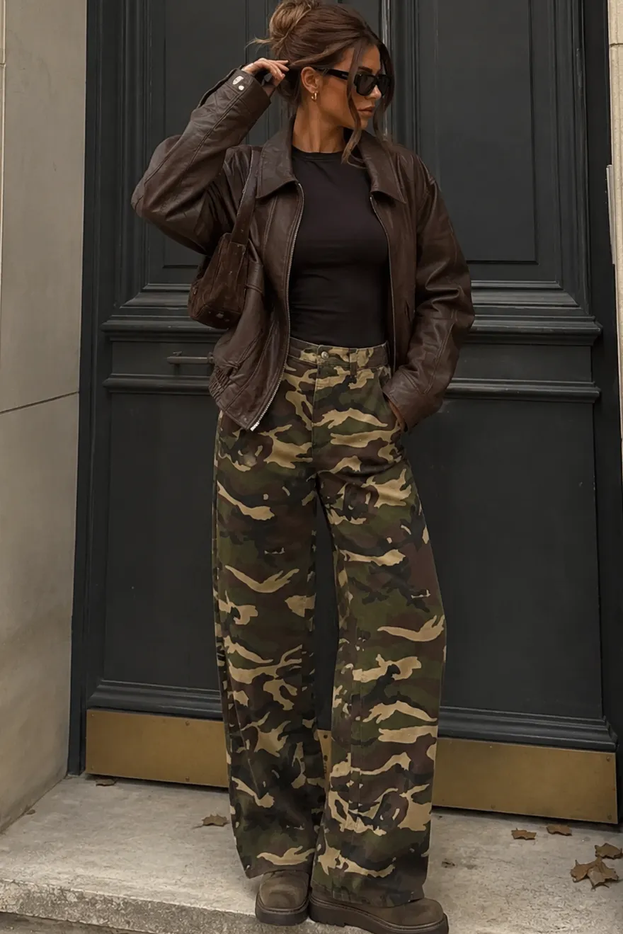 Nico Khaki Camouflage Wide Leg Jeans sold by Vavavoom