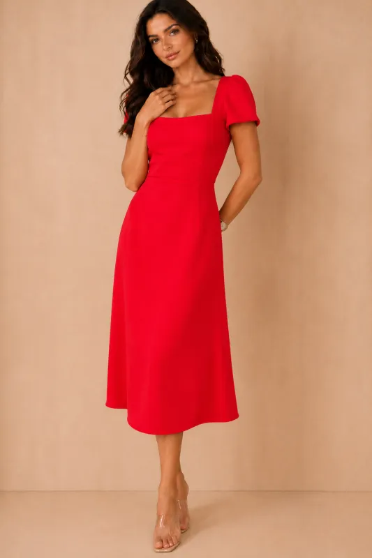 Valentina Red Square Neck Midi Dress made by Vavavoom