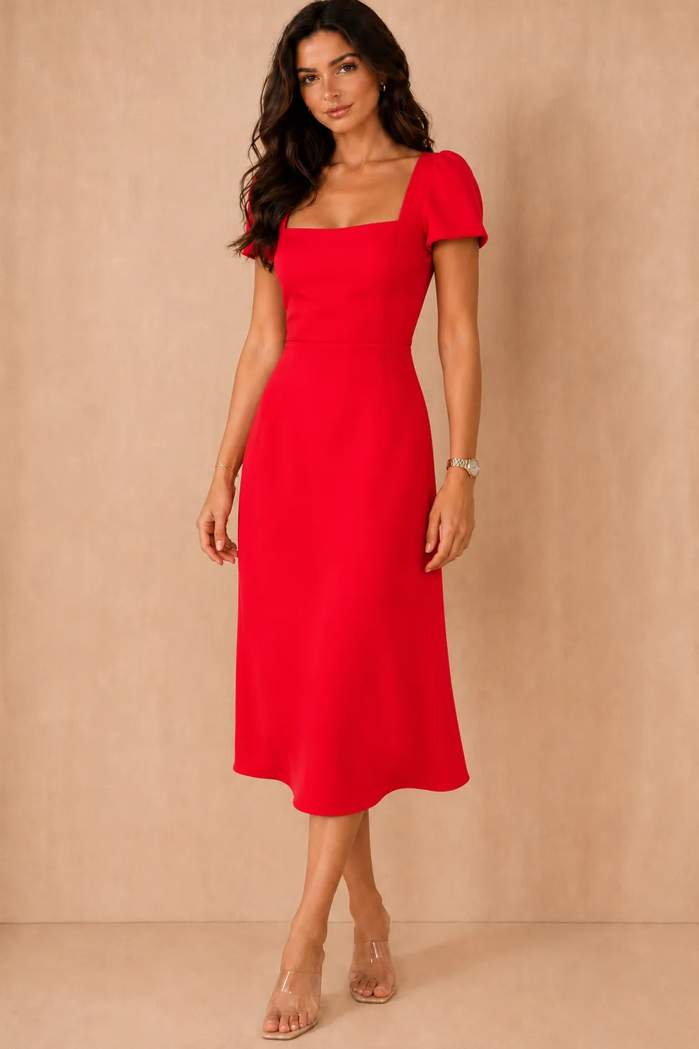 Valentina Red Square Neck Midi Dress sold by Vavavoom product image thumbnail 2