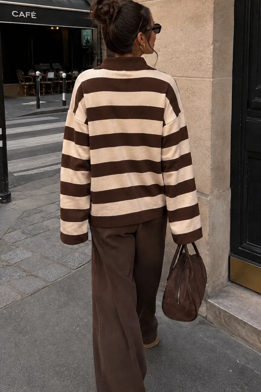 Gabriela Stone & Chocolate Knit Striped Polo Top sold by Vavavoom product image thumbnail 3