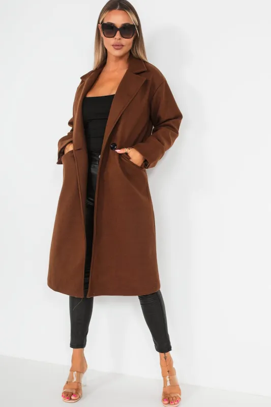 Mabelle Chocolate Longline Coat sold by Va Va Voom