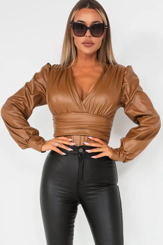 Jaquline Tan Faux Leather Bodysuit sold by Va Va Voom