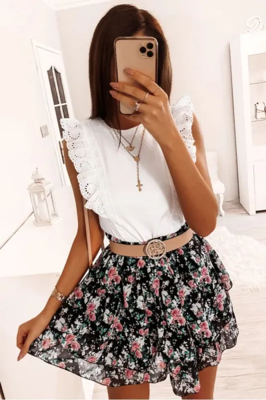 Harlow Black Rose Print Tiered Skirt sold by Va Va Voom