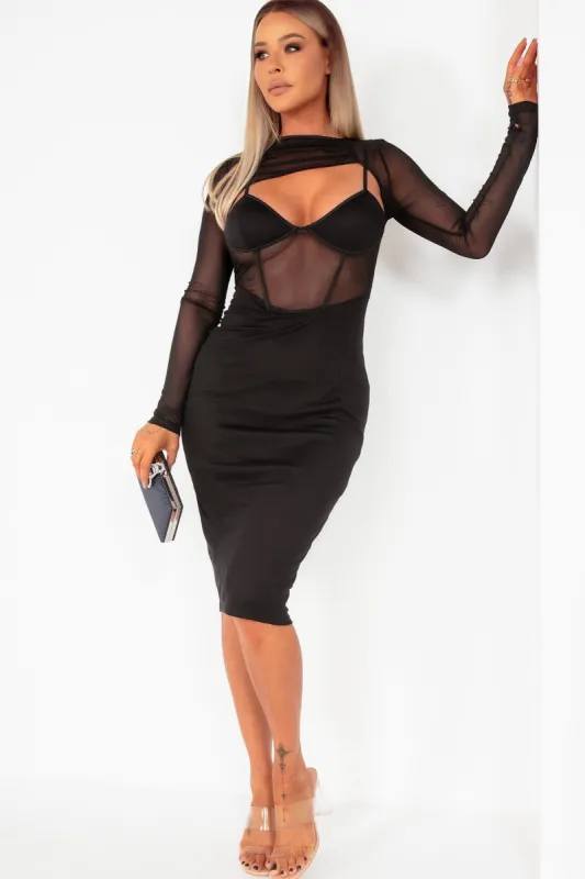 Danny Black Mesh Bodycon Midi Dress sold by Va Va Voom