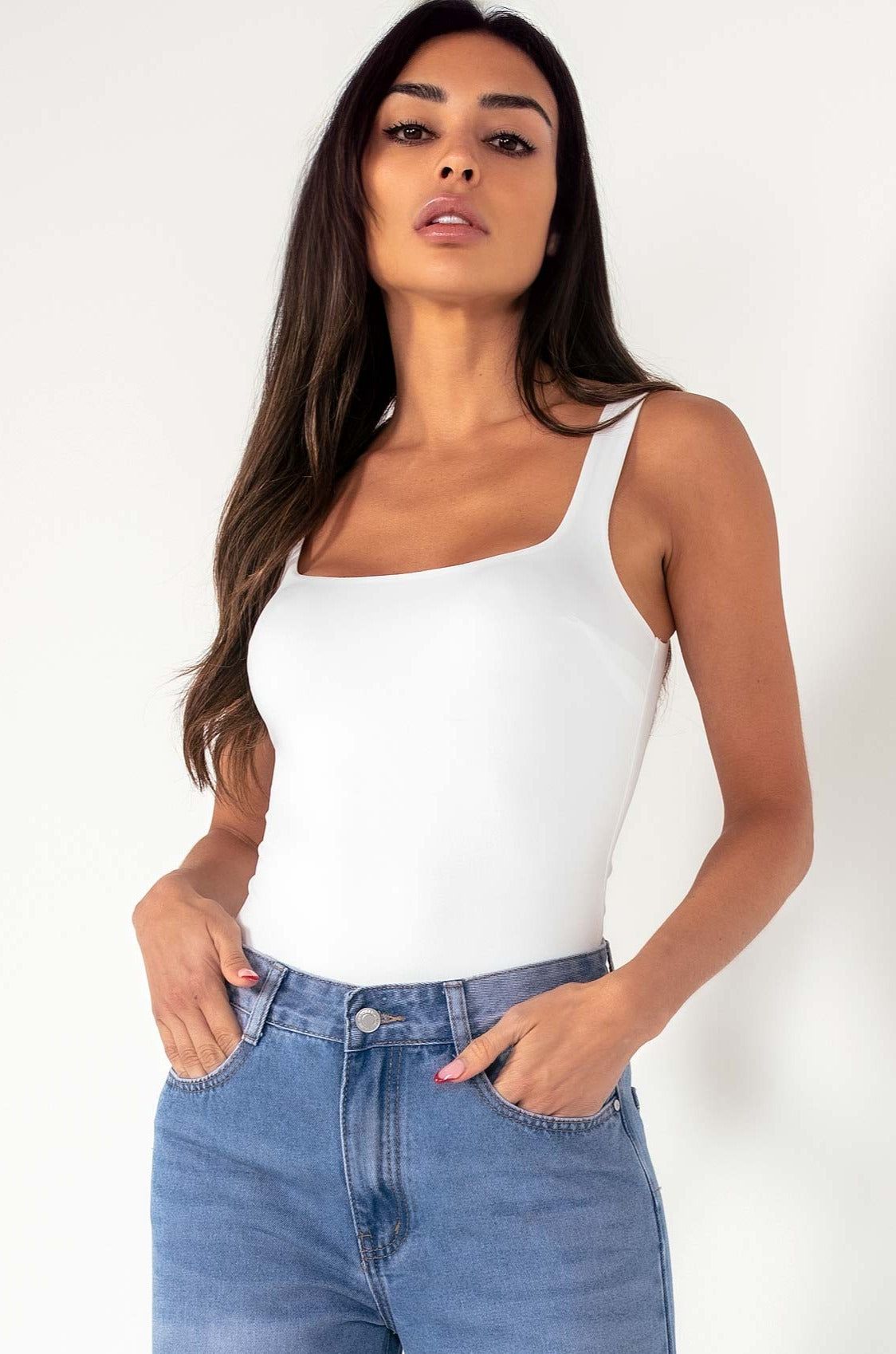 Helena White Scoop Neck Slinky Bodysuit sold by Va Va Voom