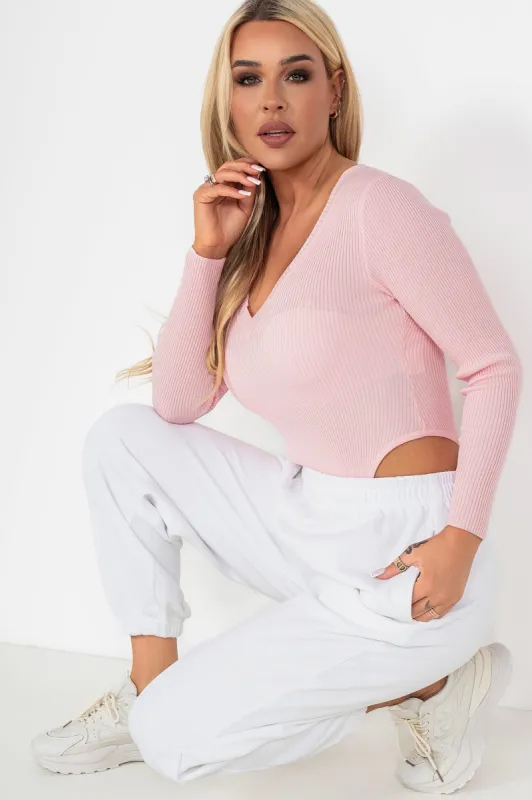 Gabby Pink Knit Long Sleeve Bodysuit sold by Va Va Voom