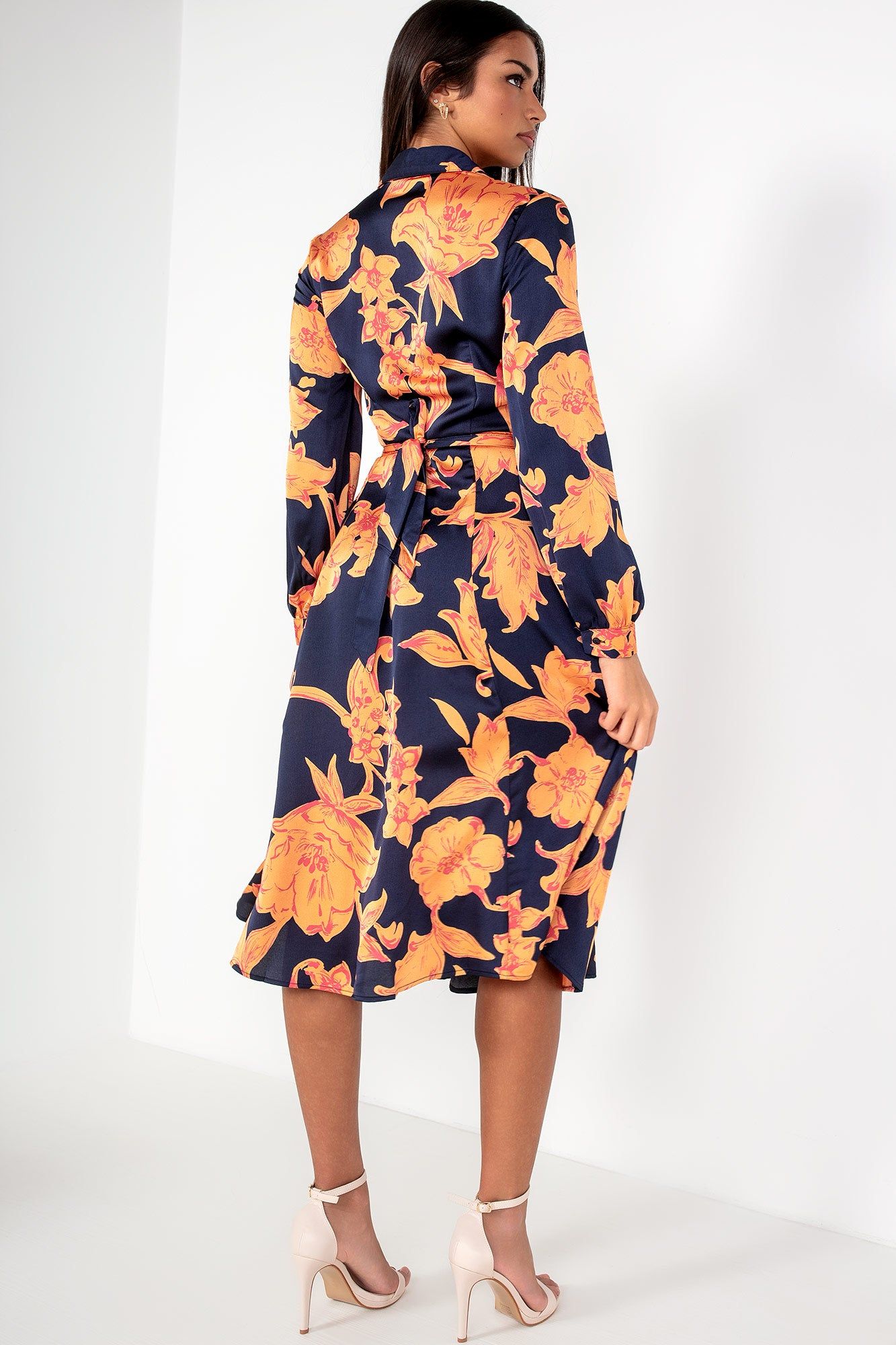 Robin Orange and Navy Satin Floral Dress sold by Va Va Voom product image thumbnail 2