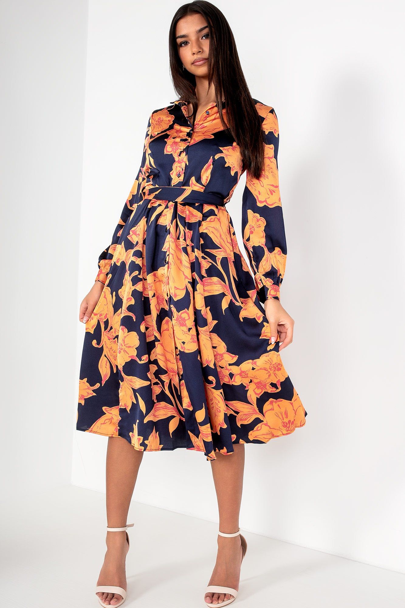 Robin Orange and Navy Satin Floral Dress sold by Va Va Voom product image thumbnail 3