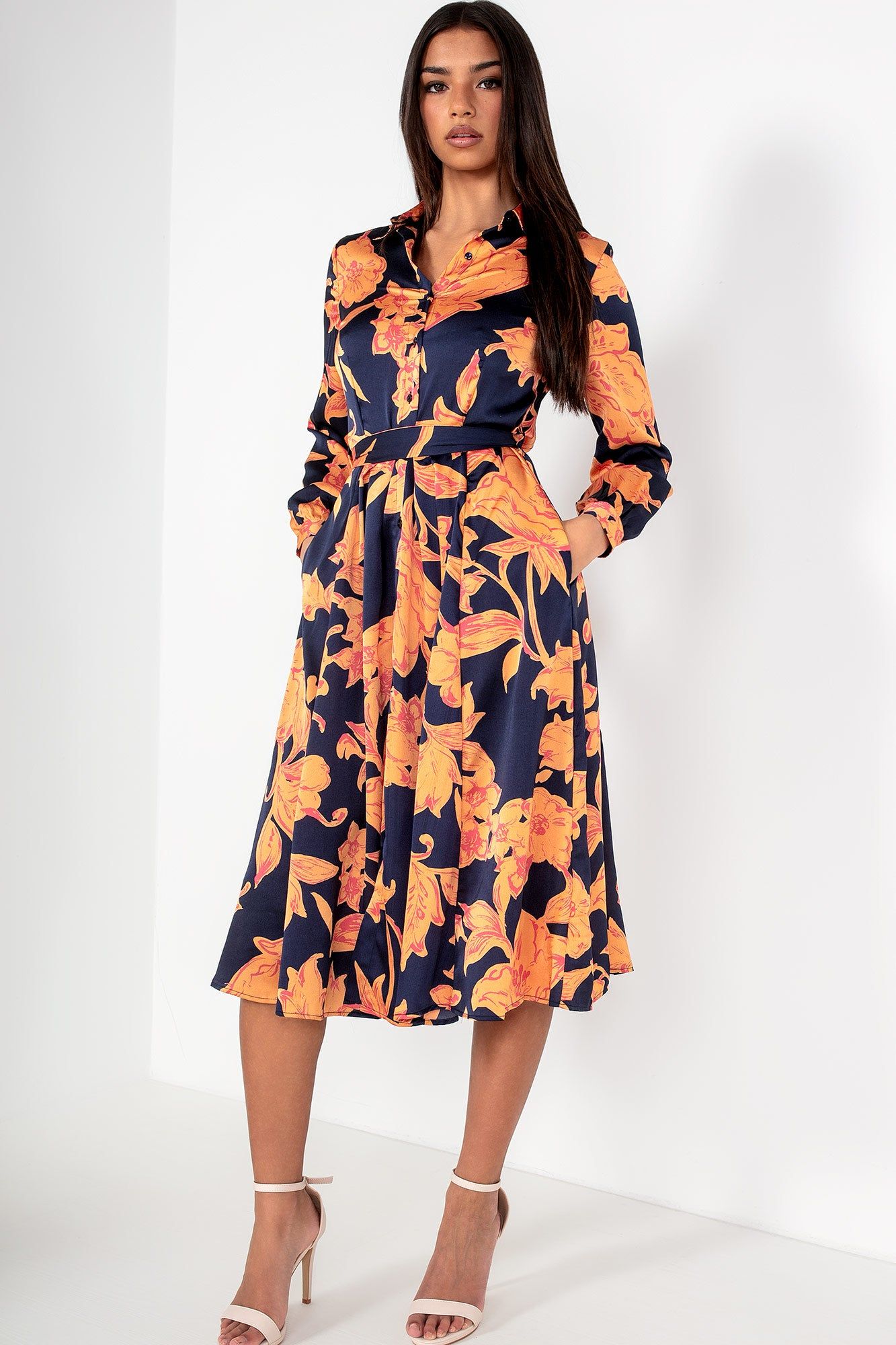 Robin Orange and Navy Satin Floral Dress sold by Va Va Voom product image thumbnail 5