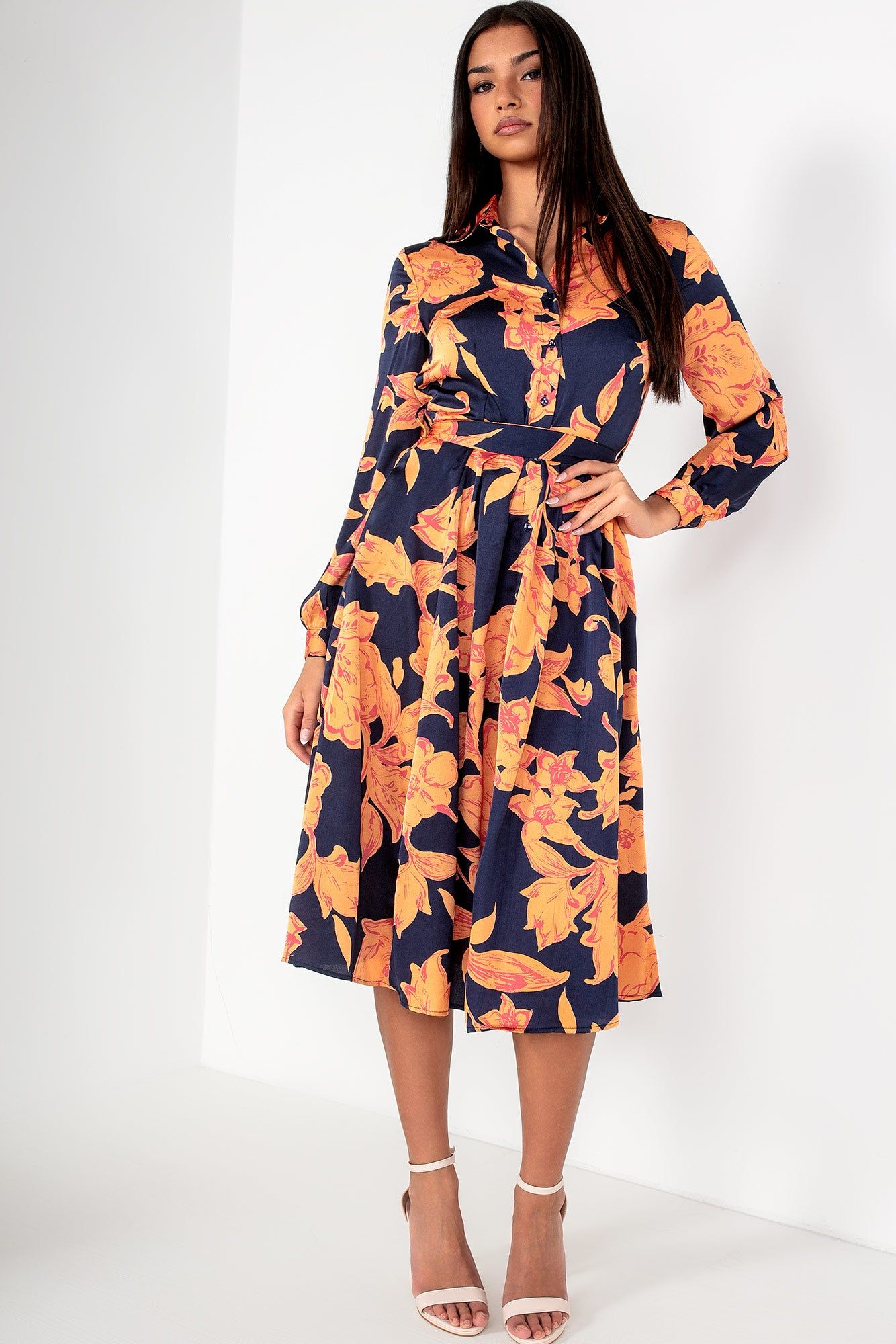 Robin Orange and Navy Satin Floral Dress sold by Va Va Voom product image thumbnail 4