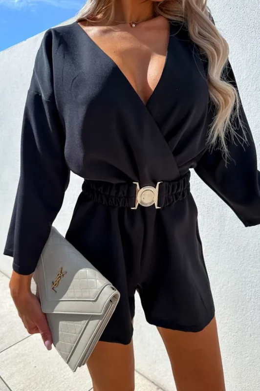 Adley Black Belted Playsuit sold by Va Va Voom