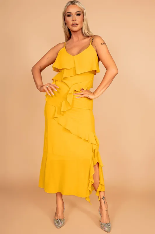 Helene Yellow Chiffon Ruffle Dress sold by Va Va Voom