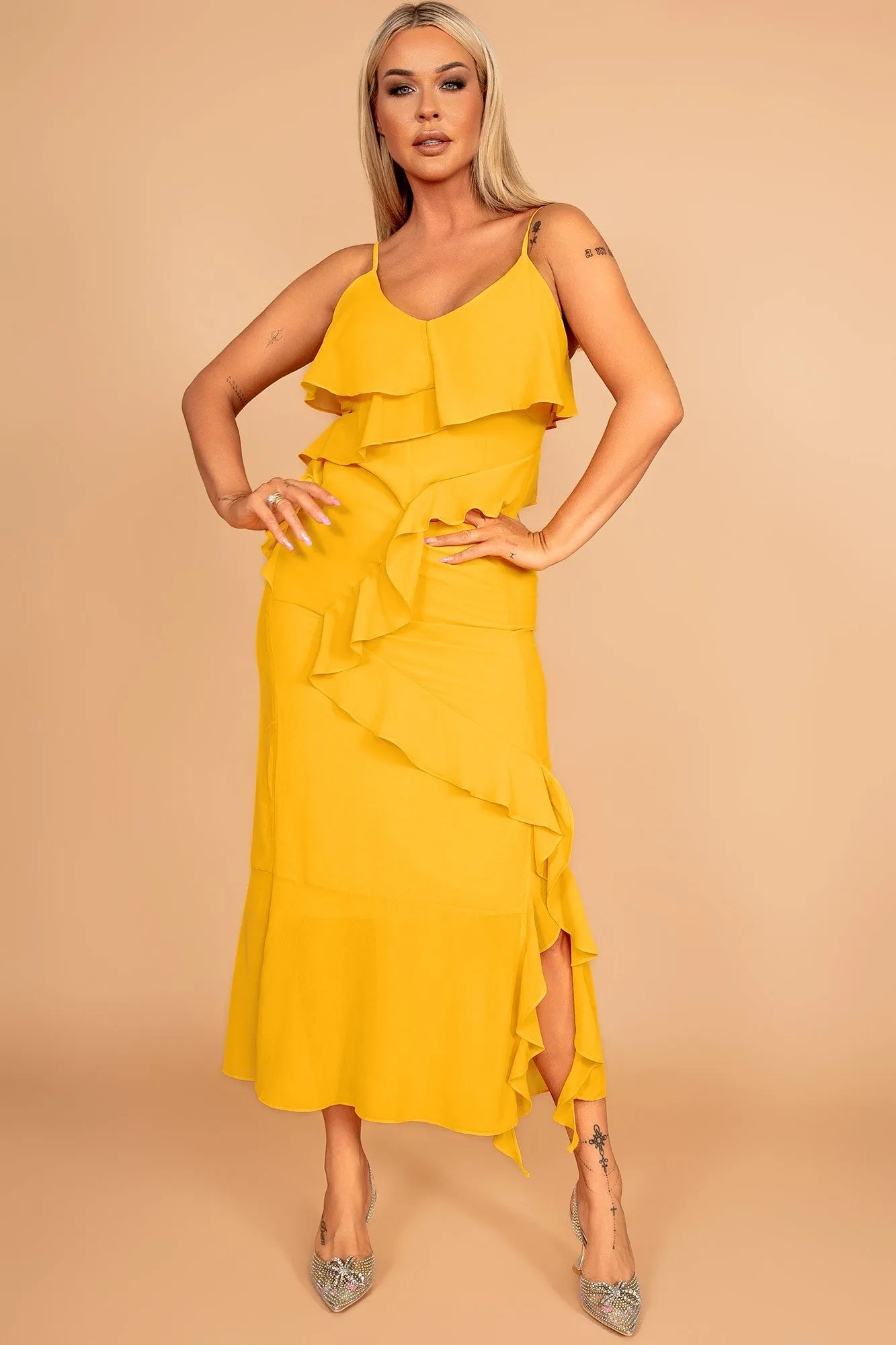 Helene Yellow Chiffon Ruffle Dress sold by Va Va Voom