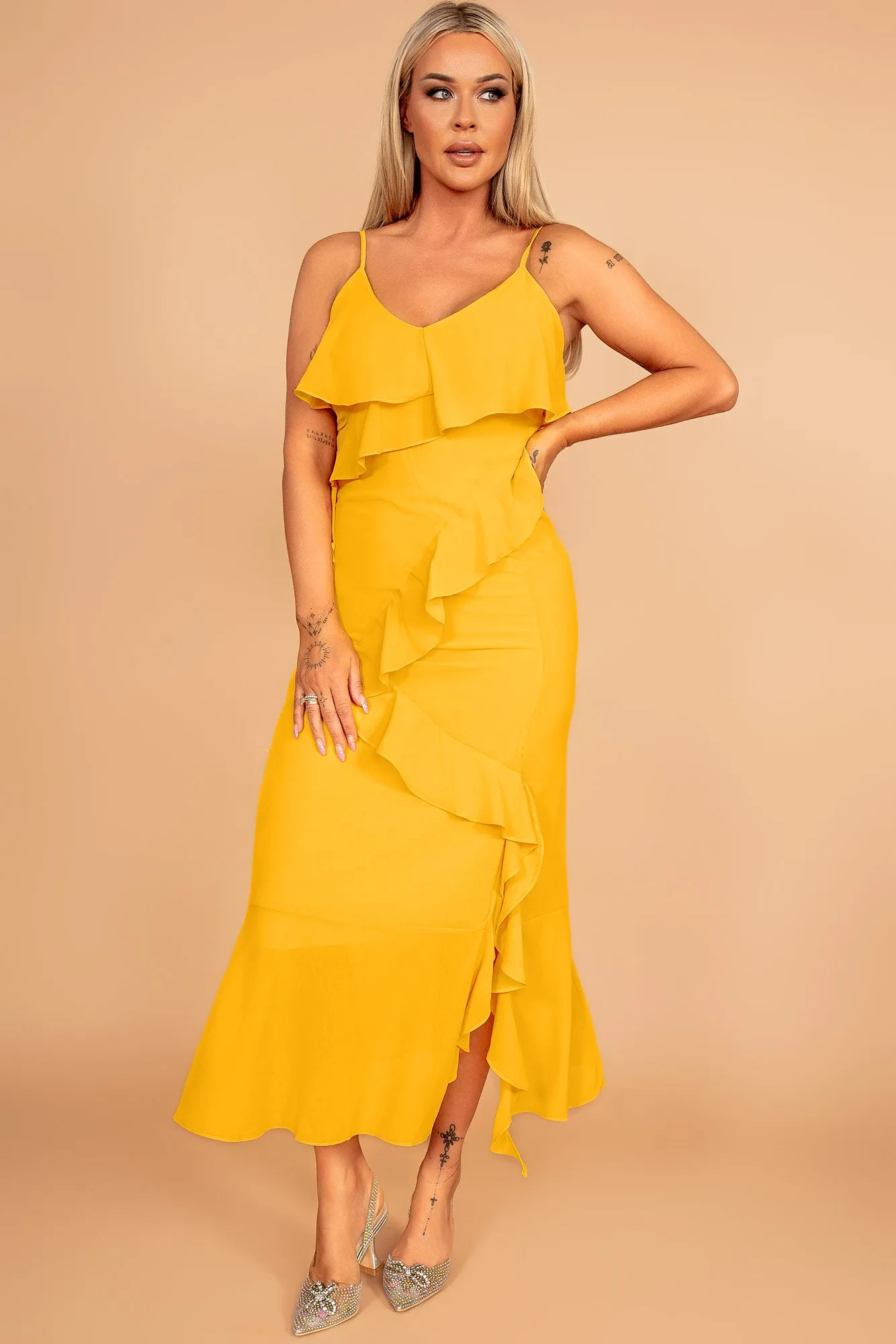Helene Yellow Chiffon Ruffle Dress sold by Va Va Voom product image thumbnail 3