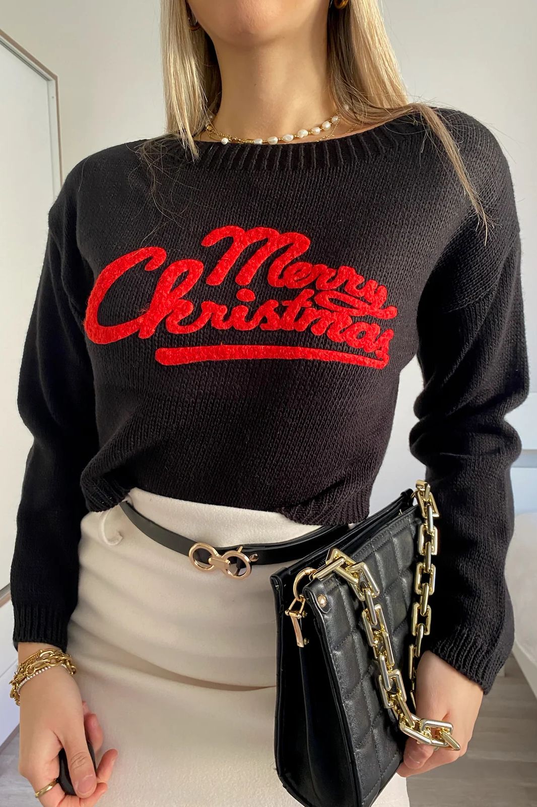 Joy Black Knit Cropped 'Merry Christmas' Jumper sold by Va Va Voom product image thumbnail 4
