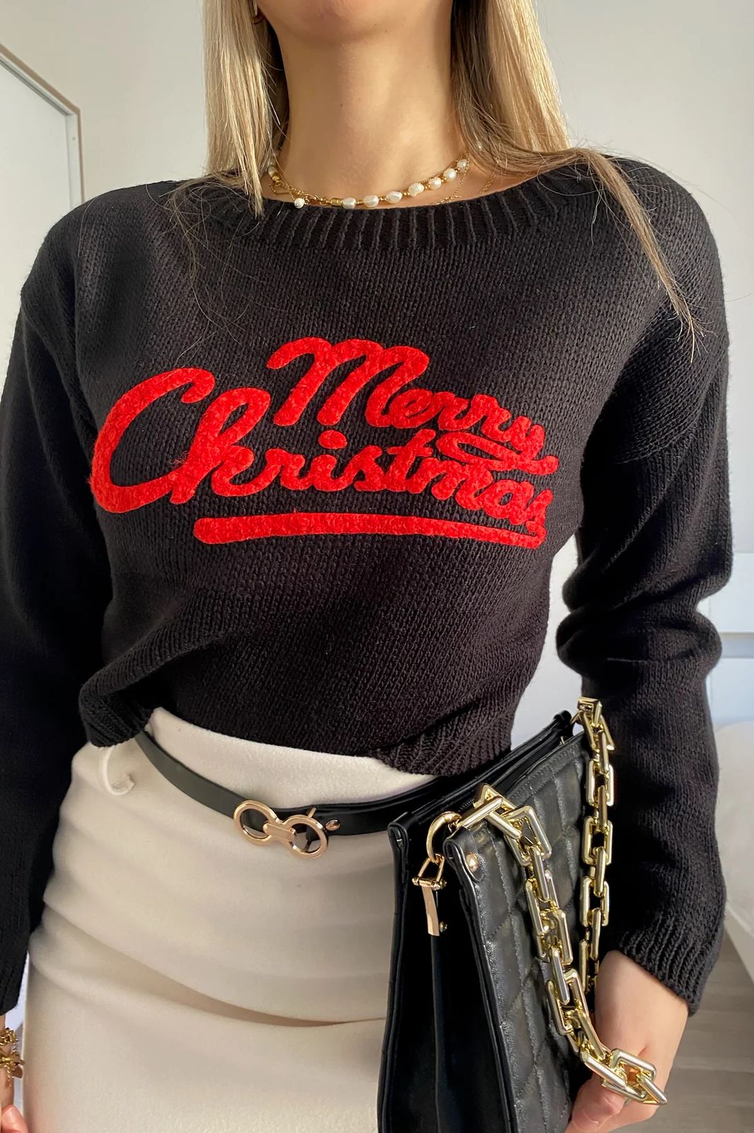 Joy Black Knit Cropped 'Merry Christmas' Jumper sold by Va Va Voom