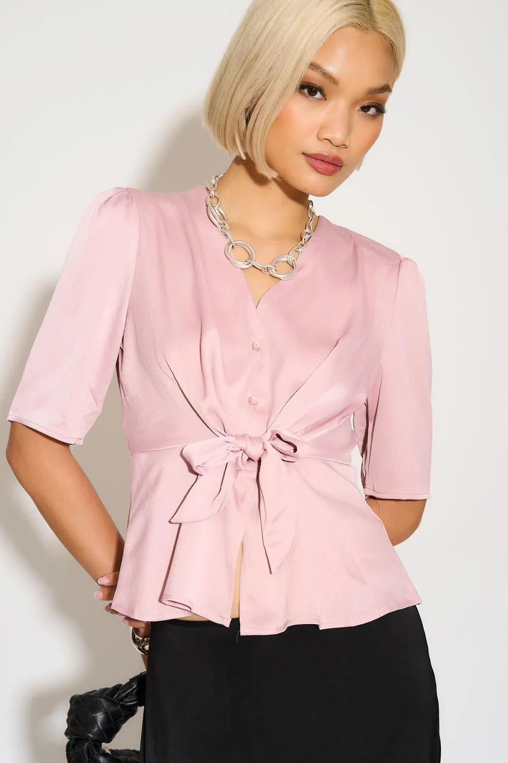Caryn Blush Satin Tie Front Top sold by Va Va Voom