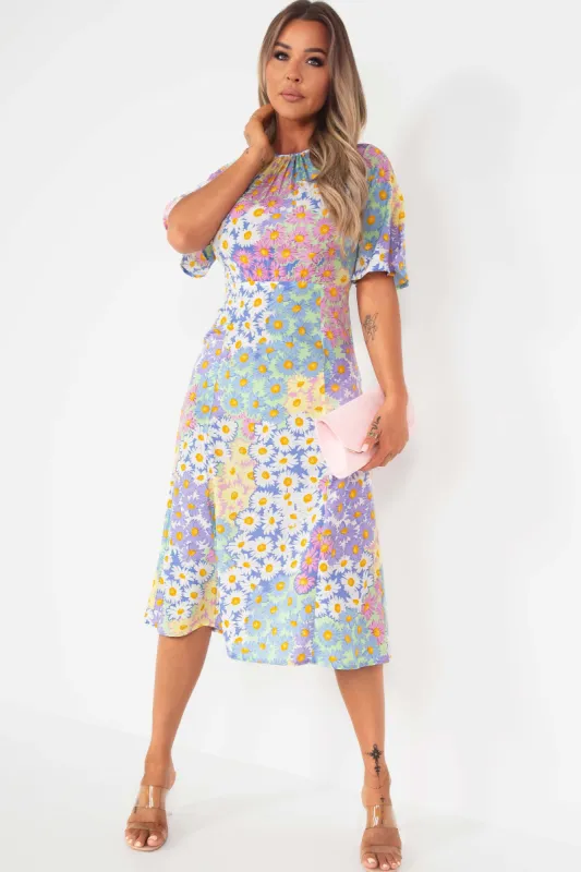 Enzo Blue Daisy Print Midi Dress sold by Va Va Voom