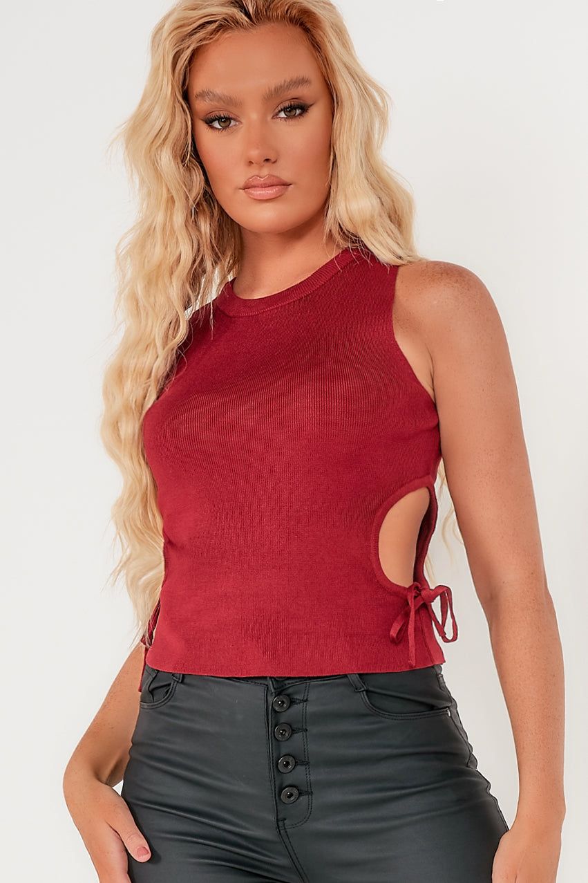 Raylene Wine Knit Cut Out Crop Top sold by Va Va Voom