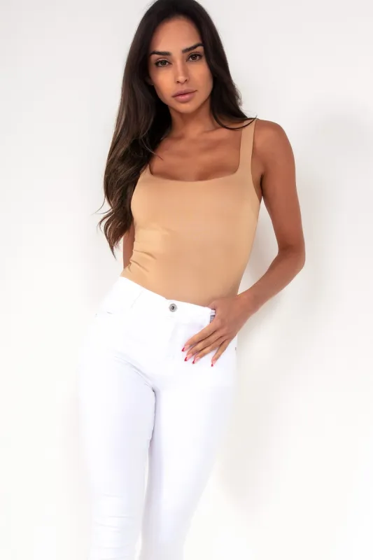 Helena Camel Scoop Neck Slinky Bodysuit made by Vavavoom